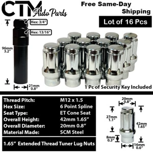 16 Chrome 1.6" Tall 12x1.5 ET Style Spline Tuner Lug Nuts Fit Acura Honda Toyota - Picture 1 of 3
