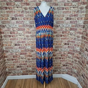 Nina Leonard Maxi Dress Large Blue Orange Geometric Jersey Flare - Picture 1 of 12