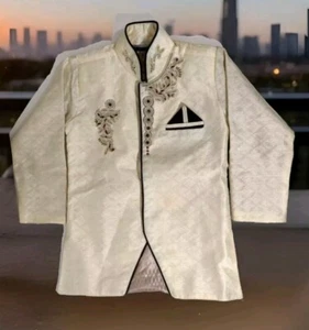 Indian Ethnic Wedding Dress Sherwani Beige Jacket Boys 4 Beaded Embroidery - Picture 1 of 13