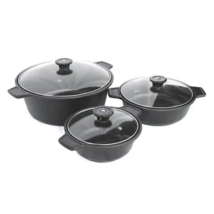 Set of 3 Premium Cast Iron Cooking Pots with Lids Casserole Dish Stew Oven Safe - Picture 1 of 9