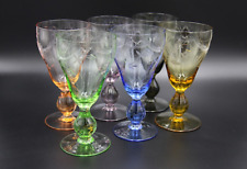 Vintage Coloured Harlequin Wine Glasses with Knop Stem and Etching Design x 6