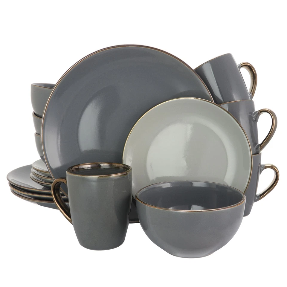 Elama Tahitian Grand 16pc Round Stoneware Dinnerware Dish Bowl Set in Gray for 4