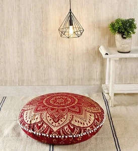 32" Round Cotton Floor Pillow Cushion Cover Red Gold Mandala Cushion Home Decor - Picture 1 of 2