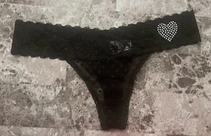 NWOT JESSICA SIMPSON LARGE BLACK HEART MESH LACE SILVER RHINESTONE THONG PANTIES - Picture 1 of 5
