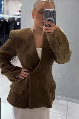 H&M New Holiday 2025 XS L 天鹅绒夹克外套 1319786001 深卡其色 绿色 — 第 1/4 张图片