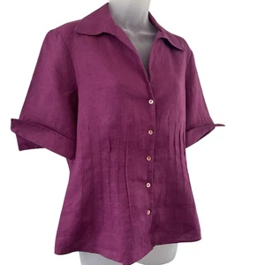 Lafayette 148 Shirt Womens 10 Purple Linen Short Sleeve Button Front Pleated Top - Picture 1 of 22