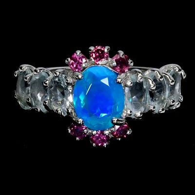 925 Sterlingsilber Ring Oval Blau Opal 9x7mm Aquamarin Edelstein Schmuck Größe 9 - Bild 1 von 4
