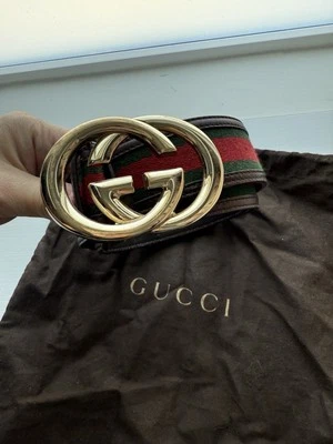 Auténtico Cinturón Gucci GG Web Cuero Marrón 85/34 Rojo Verde Rayas Hebilla Dorada Foto 1 de 4