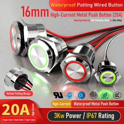 Industrial 16mm 20A SPDT Heavy Duty Metal Push Button Switch IP67 LED Ring Light - Image 1 of 4