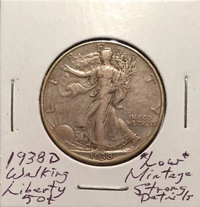 1938 D Walking Liberty Half ~ *geringe Auflage* ~ stark detaillierte Münze - Bild 1 von 2