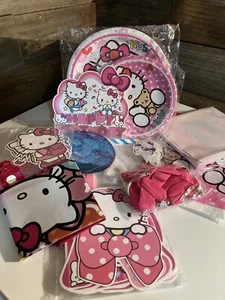 Paquete de fiesta Hello Kitty vajilla decoración pancarta pastel y cupcakes tops 10 invitados - Imagen 1 de 6