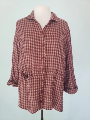 Flax S 100% Linen Light Jacket Textured Plaid Rust Tan Checkered Lagenlook Artsy - Image 1 of 4