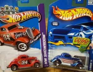 Hot Wheels 3-Window '34 Ford Lot of 2 1:64 Scale Red & Blue Metal Bottom New - Picture 1 of 12