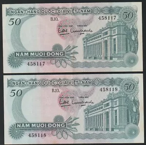 1969 South Vietnam National Consekutive Pair Năm Mươi Đồng Banknoten Pick 25a   - Bild 1 von 3