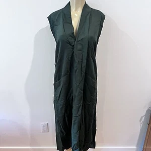 Zara Dark Green Midi Dress Sz L Linen Blend Fit Flare Pockets Sleeveless - Picture 1 of 8
