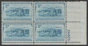 US 1006 Rail Transportation 3c plate block 4 LR 24605 MNH 1952 - Picture 1 of 1