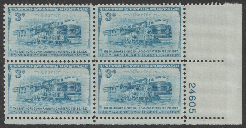 US 1006 Rail Transportation 3c plate block 4 LR 24605 MNH 1952 - Image 1 of 1