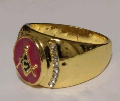 Anillo Masónico Vintage Banda Oro Francmasón (Talla 12) Maestro Masón Rosa Esmalte Cara Foto 1 de 4