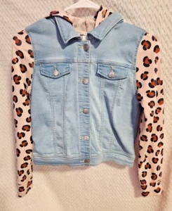 Cat & Jack Girls Size L 10/12 Cat Hood Denim Jacket  Blue/ Cheetah EUC - Picture 1 of 9