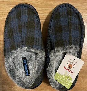 NWT Kuailu Clog Slippers Women Size 5 Blue Plaid Memory Foam Faux Fur Non Slip - Picture 1 of 7