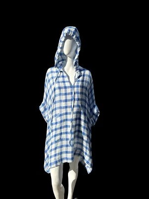 NWT Lisa Maria Fernandez Hooded Poncho French Blue White Gingham Chios Gauze - Image 1 of 4