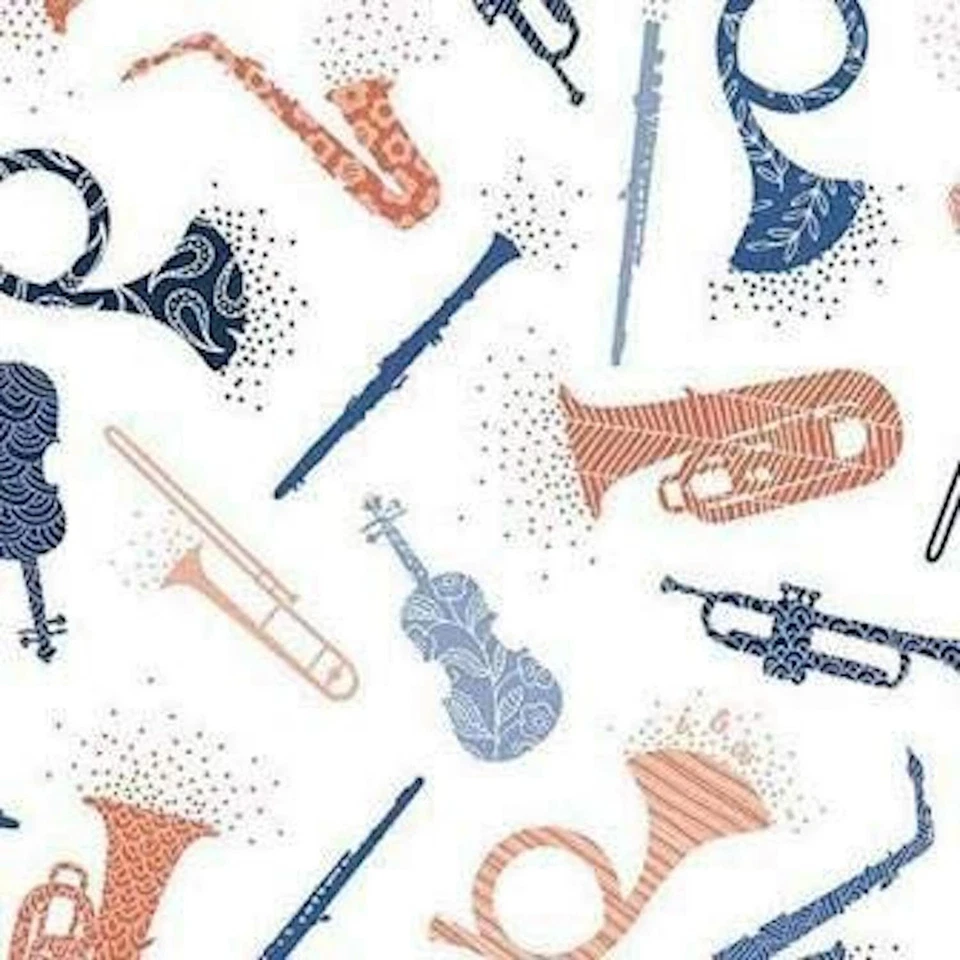 Melodie Musical Instruments Tossed White 100% Cotton Fabric by The Yard - Image 1 of 1