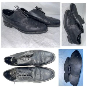 VTG 70S MENS 10.5 SEARS BLACK LEATHER WINGTIP BROGUE OXFORD LACE DRESS SHOES - Picture 1 of 11
