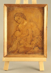 Vintage hand made pyrography wood plaque icon Madonna and Child - Picture 1 of 7