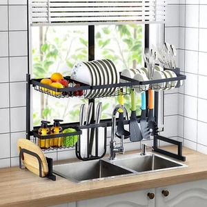 Over Sink Dish Drying Rack Drainer Shelf Stainless Steel Kitchen Cutlery Holder - Picture 1 of 15