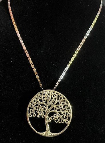 Collana Valentino 18"" Tricolore 14K 925 SS con Bellissimo Ciondolo Albero della Vita
