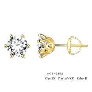 1ct Stud Earrings Yellow Gold Diamond Test Pass Lab-Created VVS1/D/Excellent - Picture 1 of 1