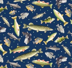 "Sail Away" Tossed Fish, Fishing, Lake Life Fabric! Navt Blue•Fast Ship! LooK! - Picture 1 of 3