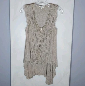 Mystree Women’s Hi Low Tank Top Sz M Taupe Full Zip Ruffles Heathered Boho Beach - Picture 1 of 6