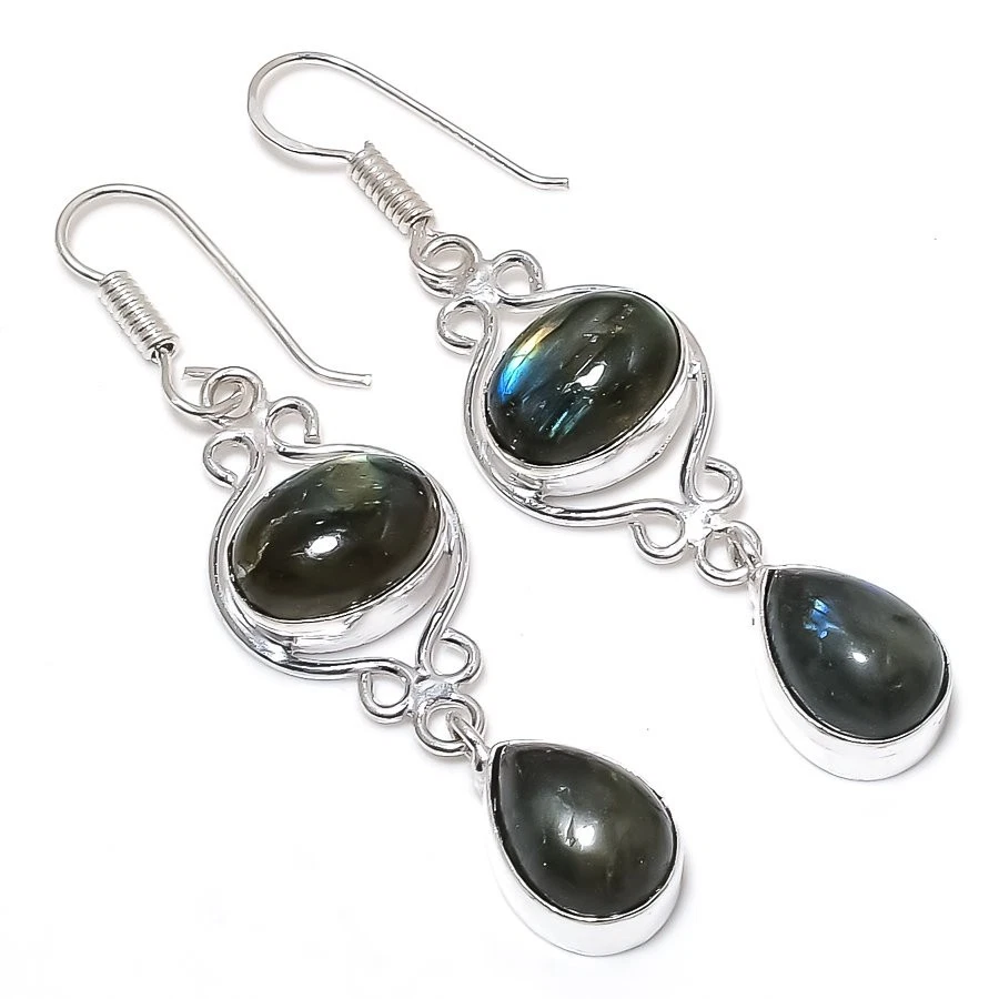 Natural Labradorite Gemstone 925 Sterling Silver Jewelry Earring Size 2.6" - Image 1 of 1