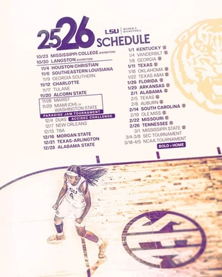 LSU Tiger Women's 2025-2026 Basketball Schedule Poster 11 x 17" LSU Tigers BBall - Image 1 of 3