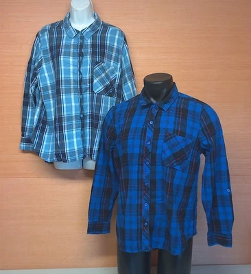 Lot of 2 Women's Time & Tru Blue Plaid Long Sleeve Flannel Shirts Size XL & XXL - Image 1 of 4