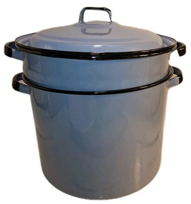 Vintage 2 Tone Blue Black Trim Enamelware Steamer Pasta Stock Pot w/Strainer  - Image 1 of 4