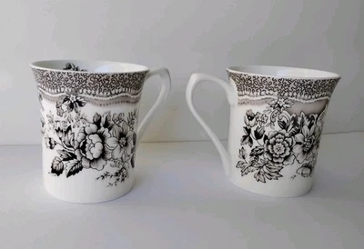QUEENS KITCHEN Black Story Tonquin Roses Fine Bone China Tea Cups - Image 1 of 4