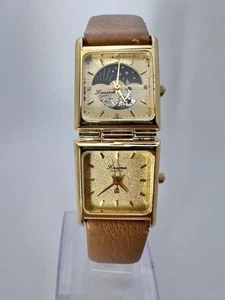 Vintage goldfarbene Lusima Dual Time Zone Mondphase Uhr Damen zierlicher Tank - Bild 1 von 14