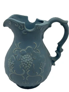 VTG Water Pitcher Vessel Ceramic Blue Matte W/Grape Leaves Farmhouse Rustic - Picture 1 of 10