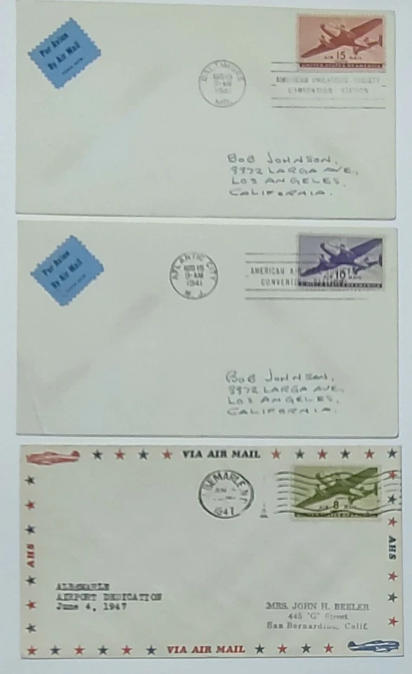 1941 (2) 1947 (1) FDC Set of Three US Airmail Service Covers #C28 - #C27 - #C26 - Image 1 of 4
