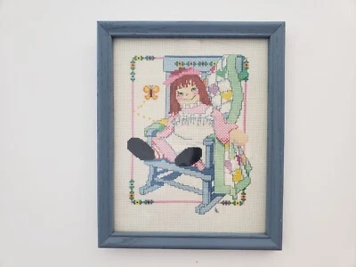 1993 Raggedy Ann Frog Lily Cross Stitch, 8x10" Framed Glass Covered  - Image 1 of 4