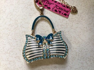 Neu mit Etikett Betsey Johnson Halskette blaugrün cremefarben Emaille Geldbörse Anhänger blaugrüne Kristalle - Bild 1 von 4