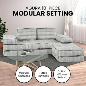 Agura 10-Piece Modular Setting Lounge Couch Tufted Surface Cotton Woven Fabric - Picture 1 of 10