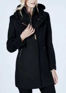 CALVIN KLEIN Faux Suede Patch Hooded Wool Blend Black Coat NEW Womens Sz M - Picture 1 of 11