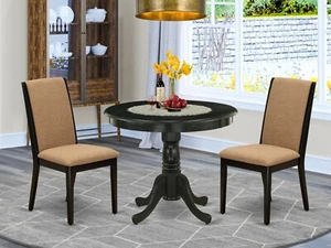 3pc kitchen dining set 36" round table w/ 2 parsons chairs in wire brushed black - Picture 1 of 12