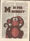 Alphabet M is for Monkey Altered Art Print Upcycled Vintage Dictionary Page