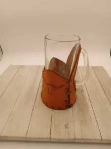 Bicchiere tazza birra cowboy Texas bestiame Longhorn rilegato in pelle 6 1/2" - Foto 1 di 9
