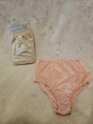 Vtg 3 Pair Hi Cut Hi Waisted  Nylon Brief Granny Panties Sz 9 Pink, Blue & Tan - Image 1 of 4