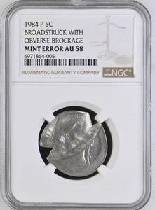 1984-P Jefferson Nickel 5C Mint Error NGC AU58 Broadstruck w/ Obverse Brockage - Picture 1 of 6